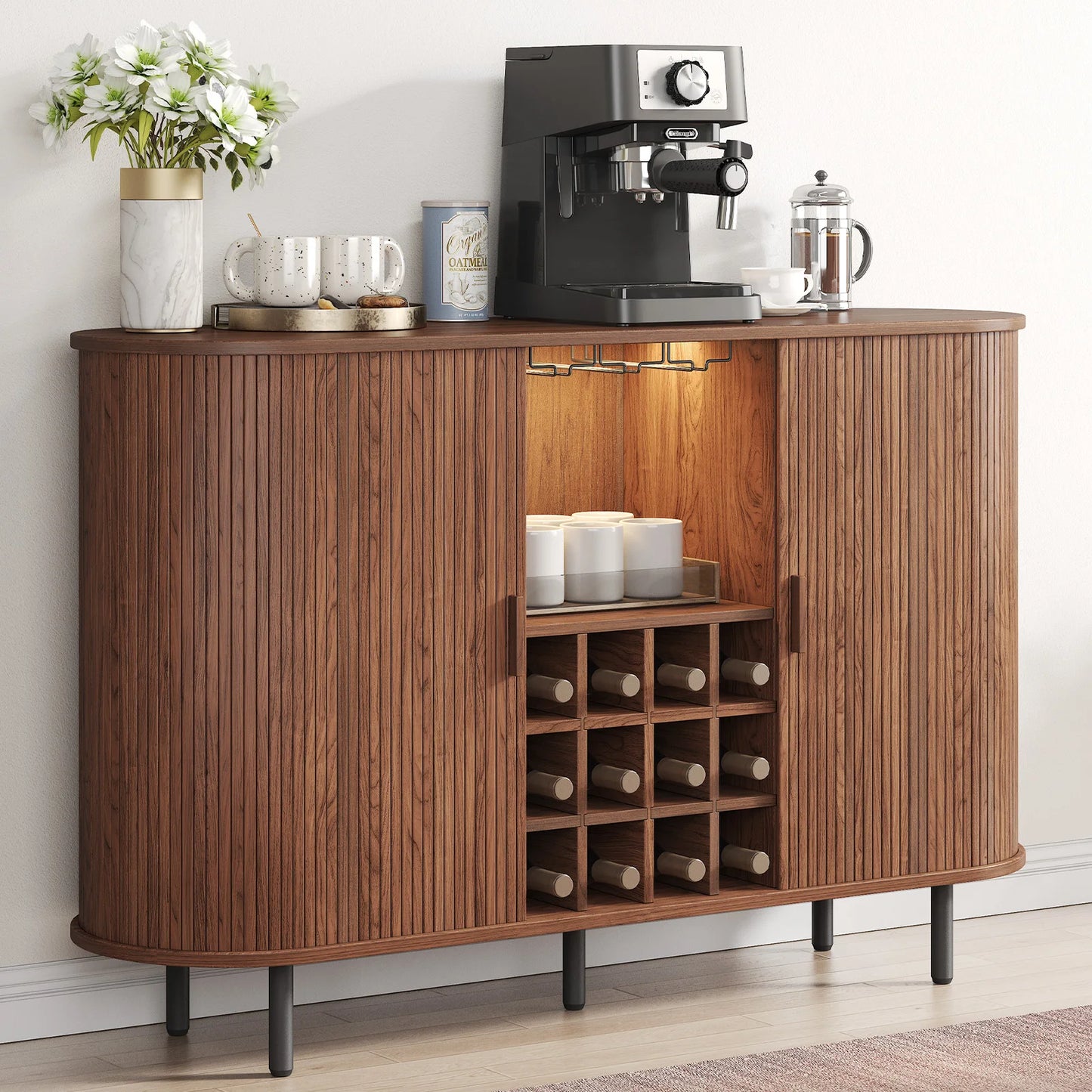 Wine Bar Cabinet w/ LED Light,  Wine Rack & Glass Holder