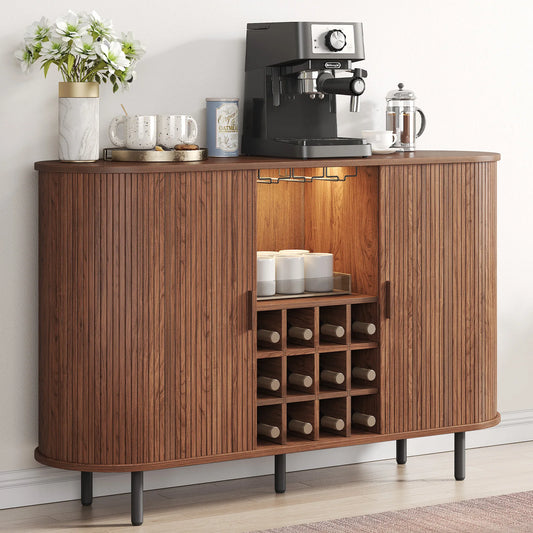 Wine Bar Cabinet w/ LED Light,  Wine Rack & Glass Holder