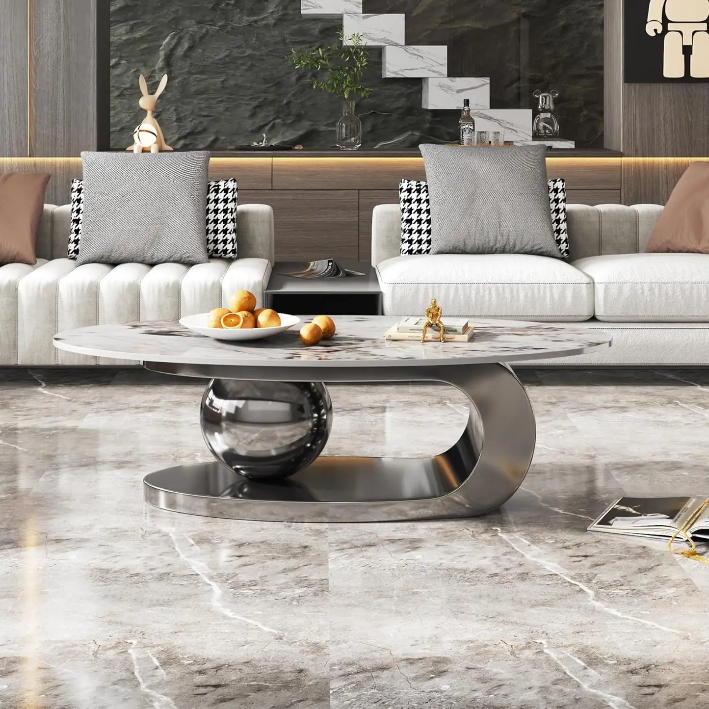 Coffee Table with Silver Stainless Steel Pedestal,Oval with Faux Marble Top