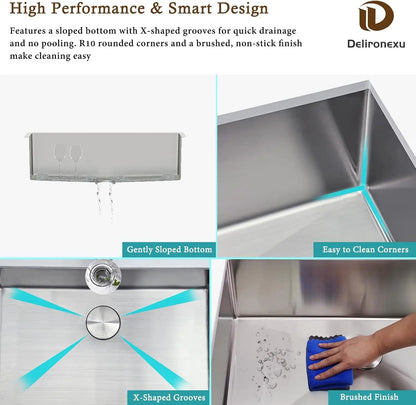 30-Inch Kitchen Sink, Stainless Steel Single Bowl with Brushed Finish and Drain Kit