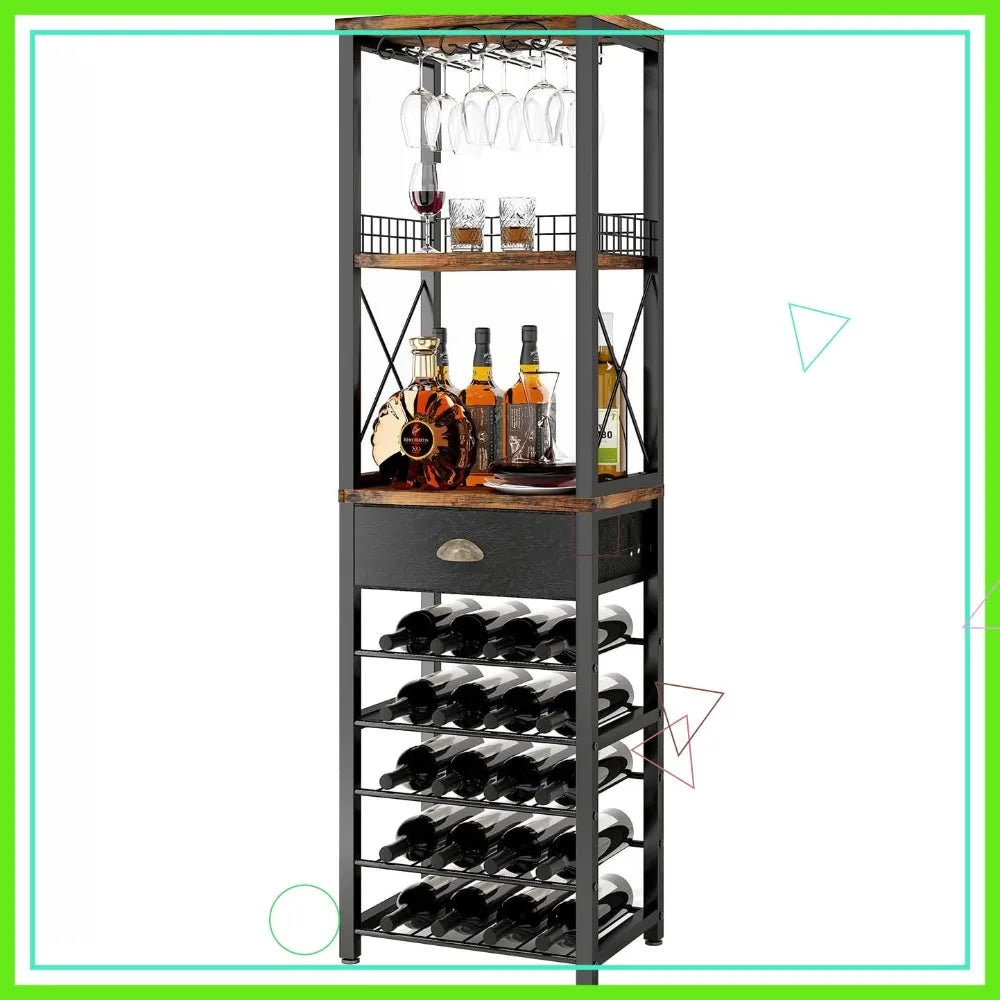Wine Rack, Tabletop, Glass Holder & Drawer,