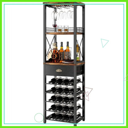 Wine Rack, Tabletop, Glass Holder & Drawer,