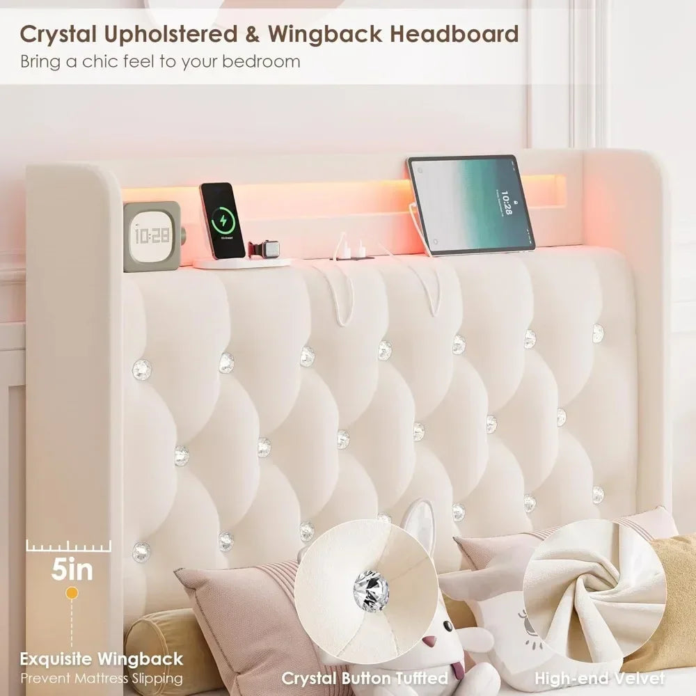 Upholstered Platform Bed with Charging Station, 4 Storage Drawers