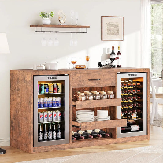 Coffee Bar Cabinet with Mini Fridge, Power Outlets & Wine Rack