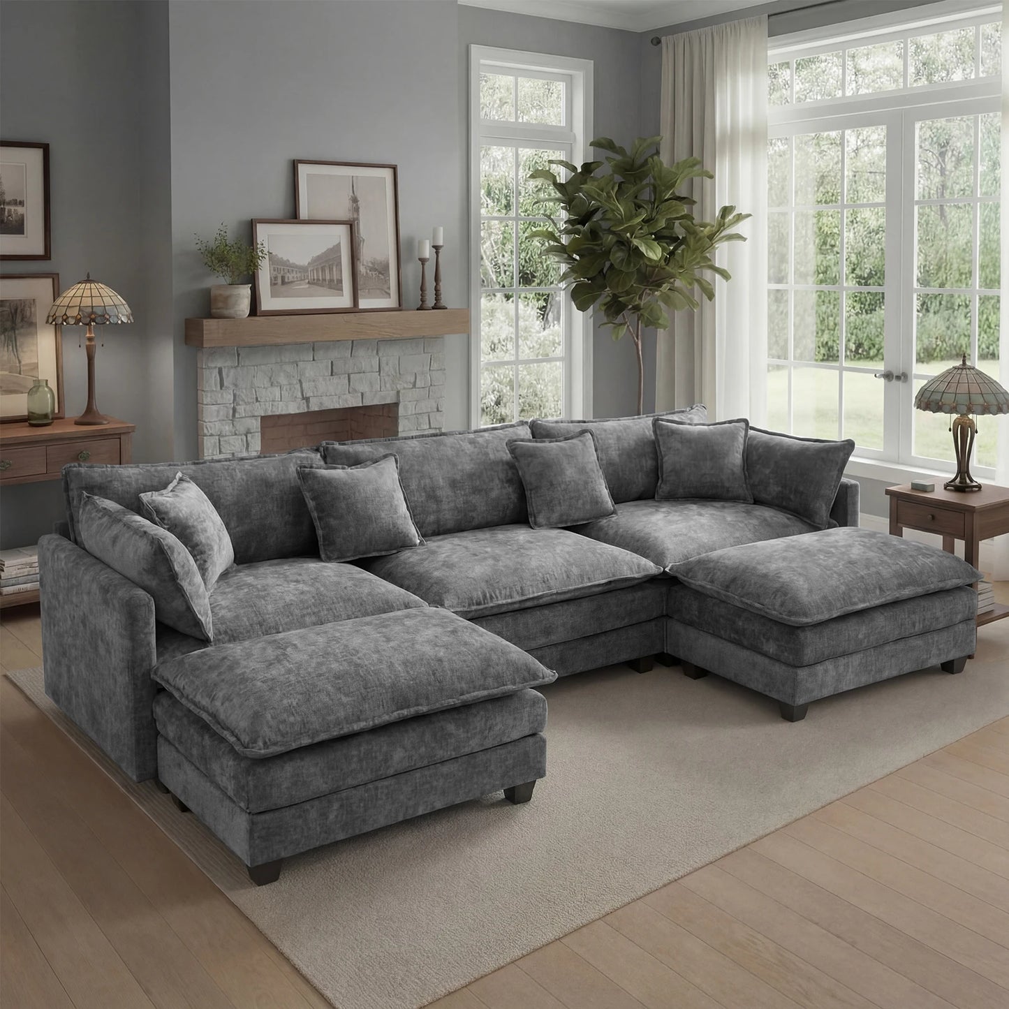 Modular Sectional Sofa with Ottoman, Solid Wood Frame