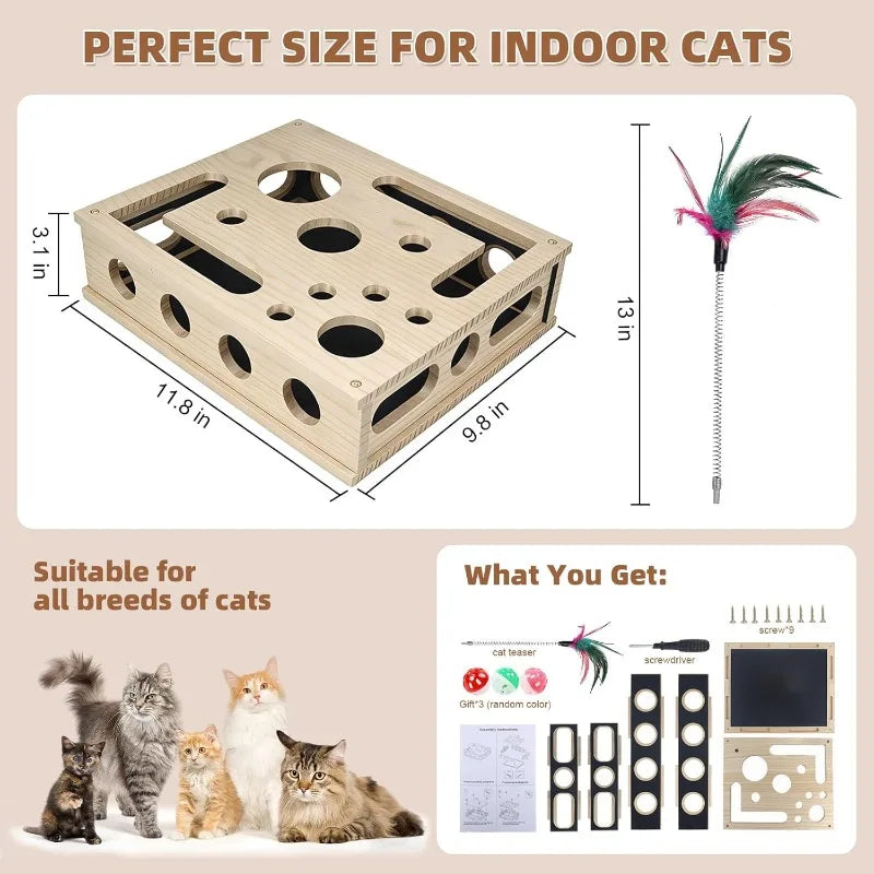 Cat Nail File Enrichment Box, Interactive Scratch Puzzle Maze Toy W/ Cat Wand & Bell Balls