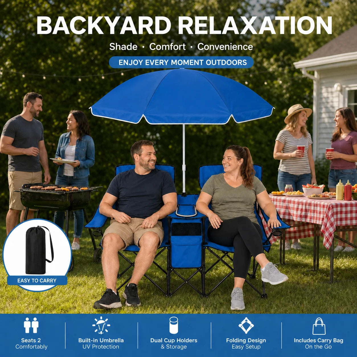 2-Seater  Folding Camping Chair with Built-in Umbrella
