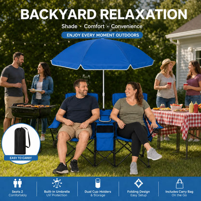 2-Seater  Folding Camping Chair with Built-in Umbrella