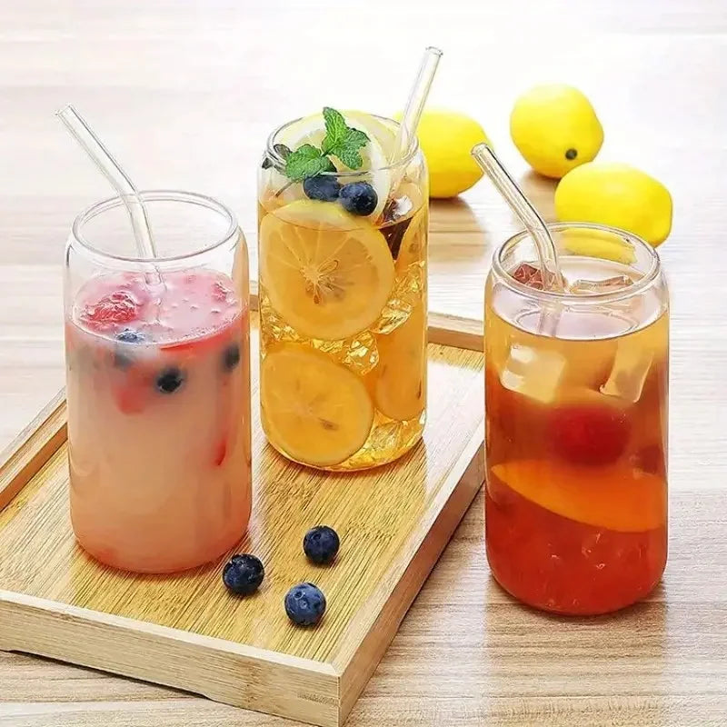 6pcs Drinking Glass with Bamboo Lids and Glass Straw