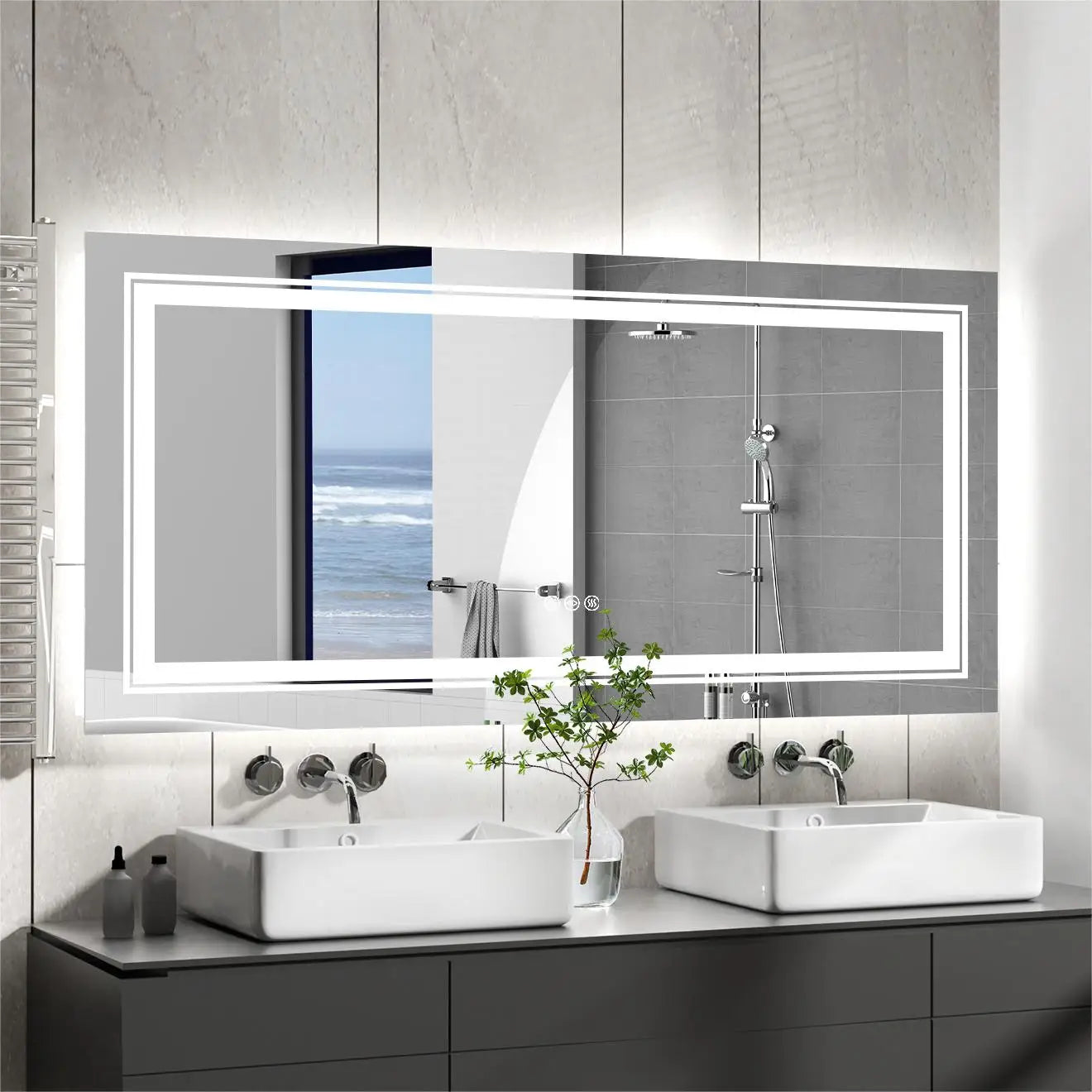 Illuminated Bathroom Mirror, Front and Backlit Lights
