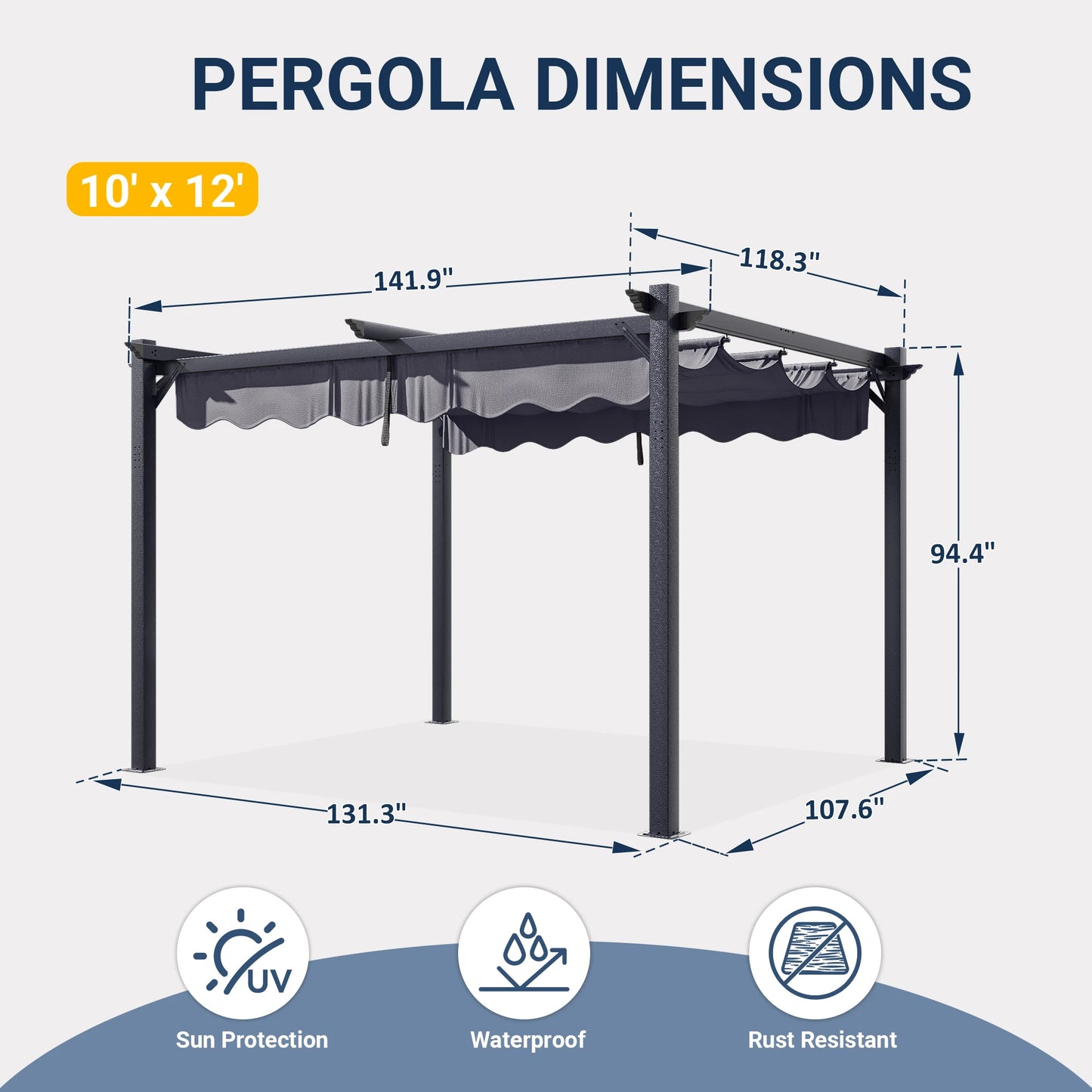 10x12FT Outdoor Aluminum Pergola, with Retractable Canopy and Anchoring Stand