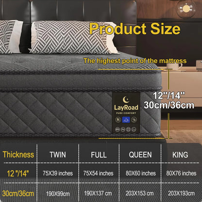 LayRoad 12-14inch Full-Size Memory Foam Mattress Available in Single, Twin, Queen, and King Sizes Boxed Mattress Medium Firmness