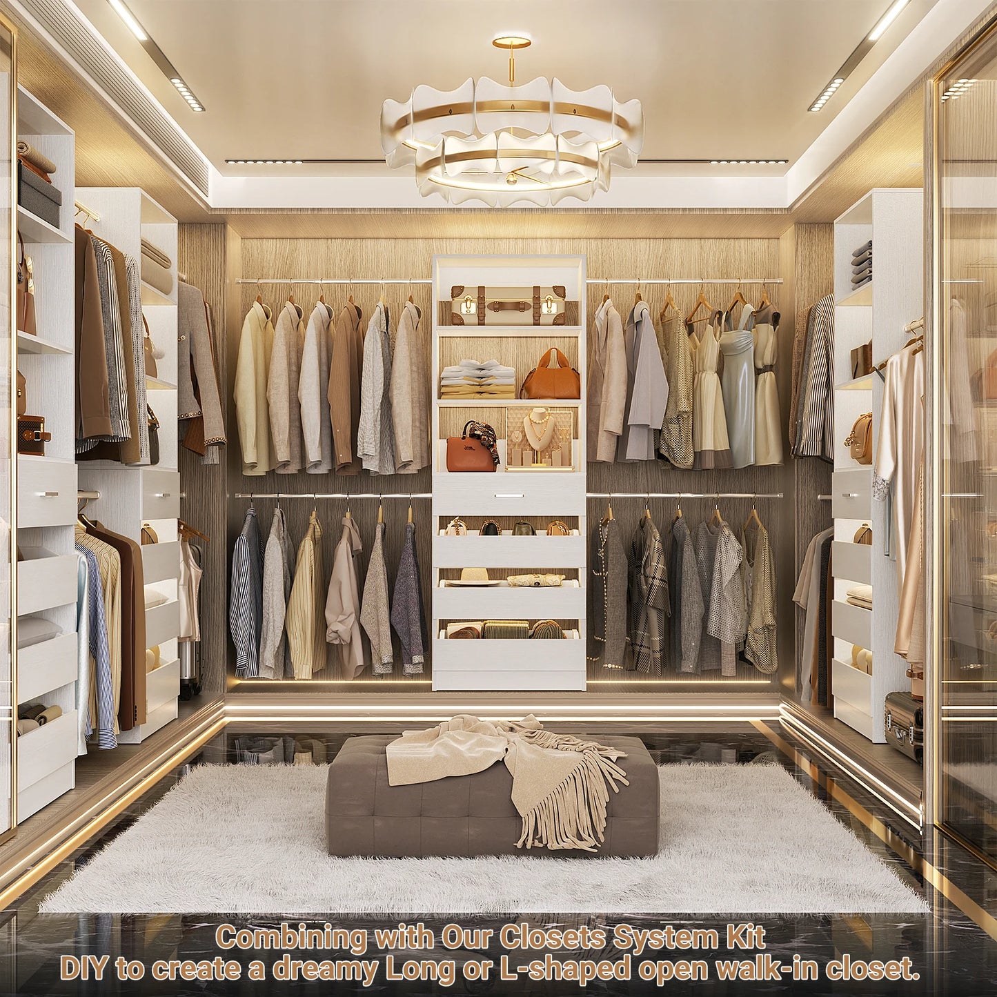 4-9Ft Closet System with 4 Wooden Drawers, Walk-in Closet Organizer Wardrobe Clothes Rack with 4 Hanging Rods, Garment Rack
