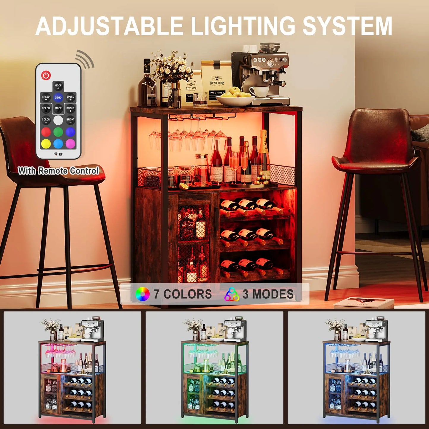 Wine Bar Cabinet With Adjustable Shelves & Glass Holders