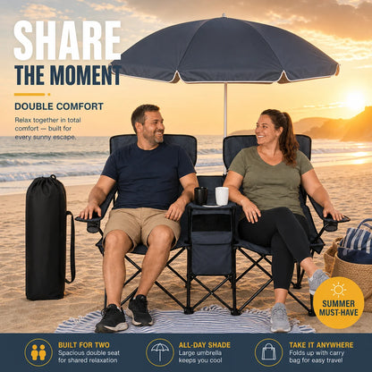 2-Seater  Folding Camping Chair with Built-in Umbrella