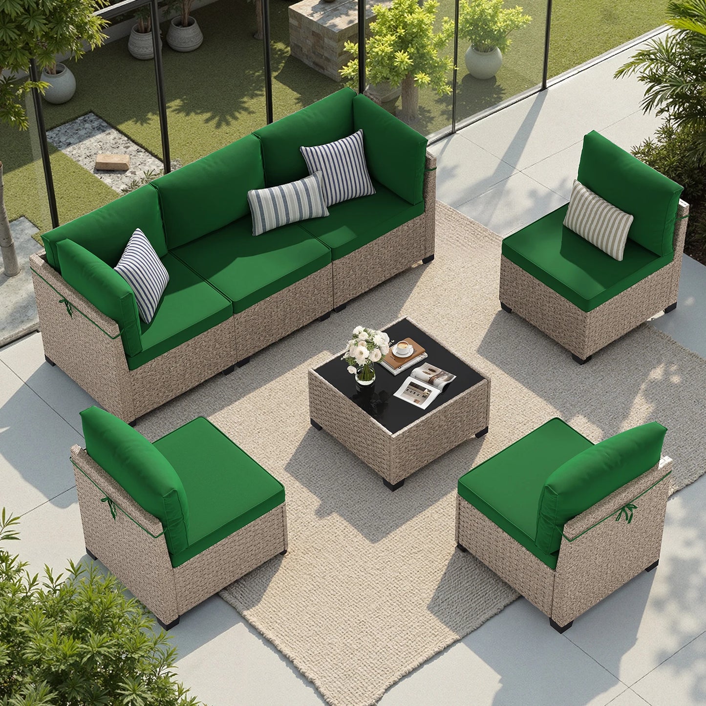 7-Piece Patio Furniture Set, Rattan Sectional Sofa with Glass Table,