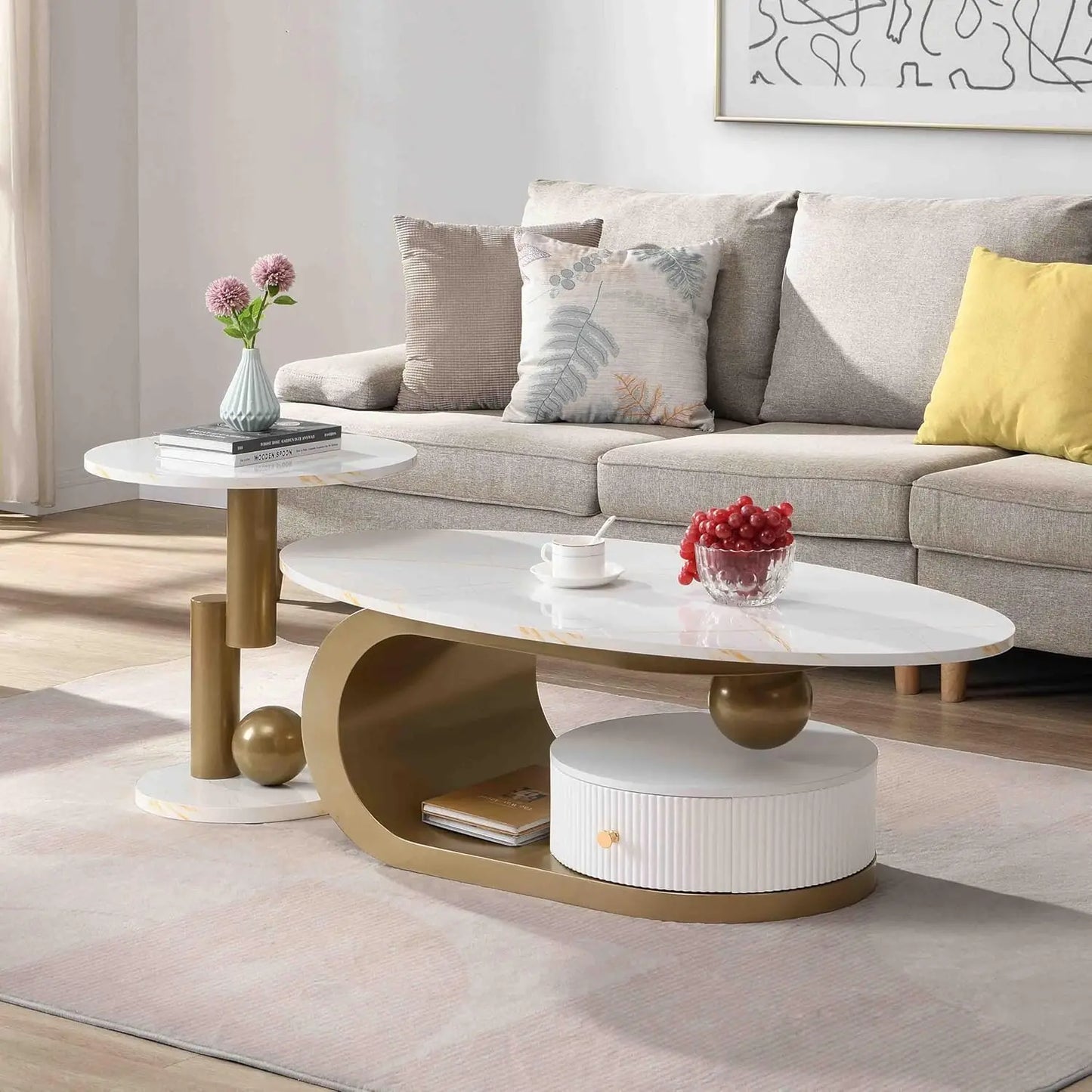 Coffee Table with Silver Stainless Steel Pedestal,Oval with Faux Marble Top