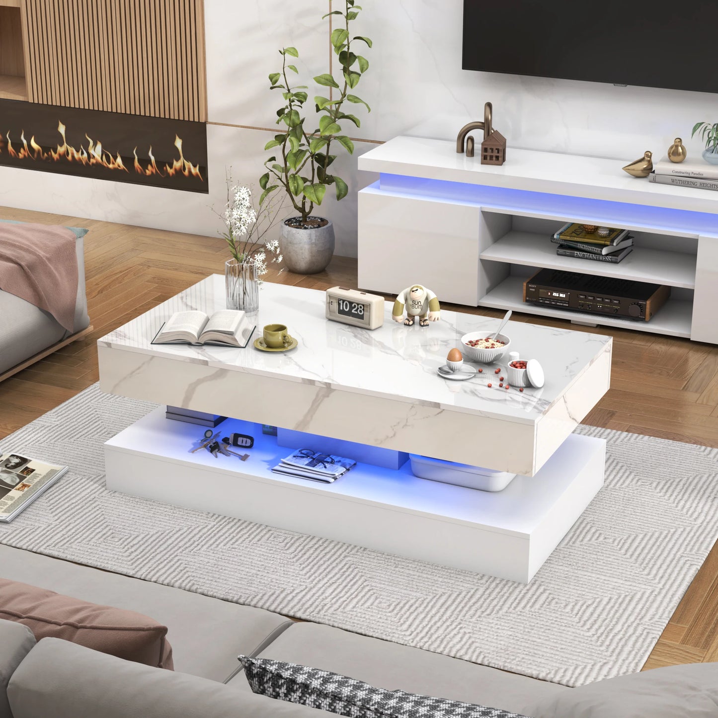 Coffee Table with LED lights, Double-Layer Design with Storage Drawers