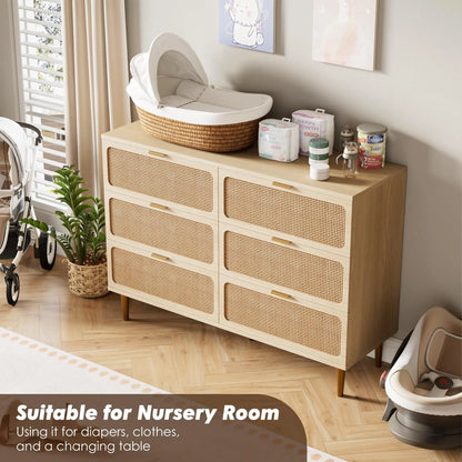Natural Hand-Woven Rattan & Wood Dresser With Deep Drawers
