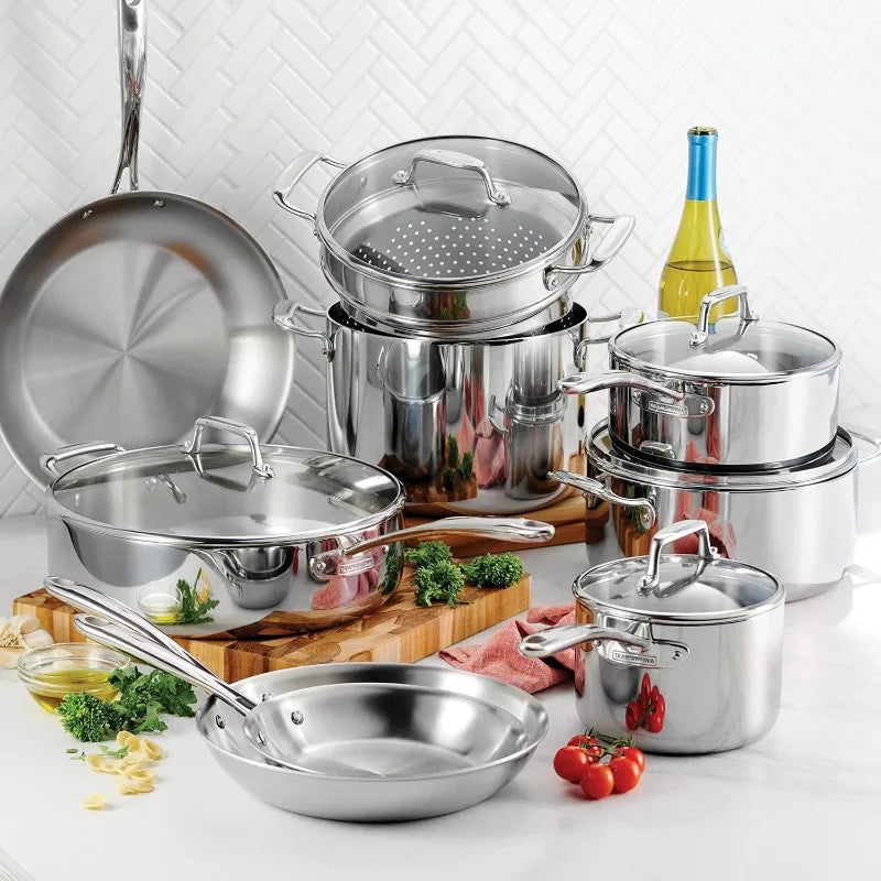Stainless Steel 14-Piece Cookware Set with Glass Lids, Induction-Ready