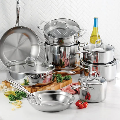 Stainless Steel 14-Piece Cookware Set with Glass Lids, Induction-Ready