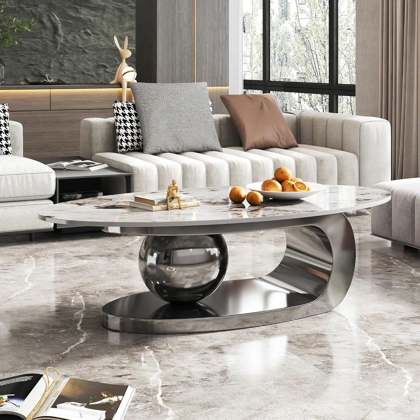 Coffee Table with Silver Stainless Steel Pedestal,Oval with Faux Marble Top