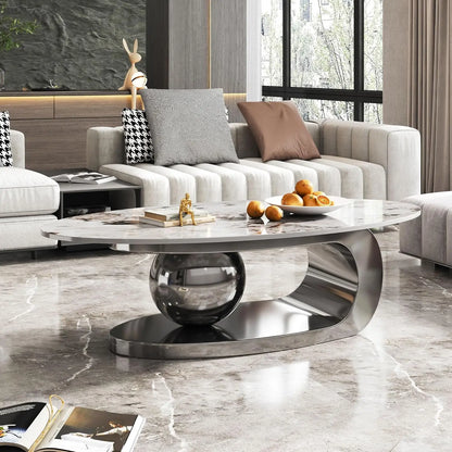 Coffee Table with Silver Stainless Steel Pedestal,Oval with Faux Marble Top
