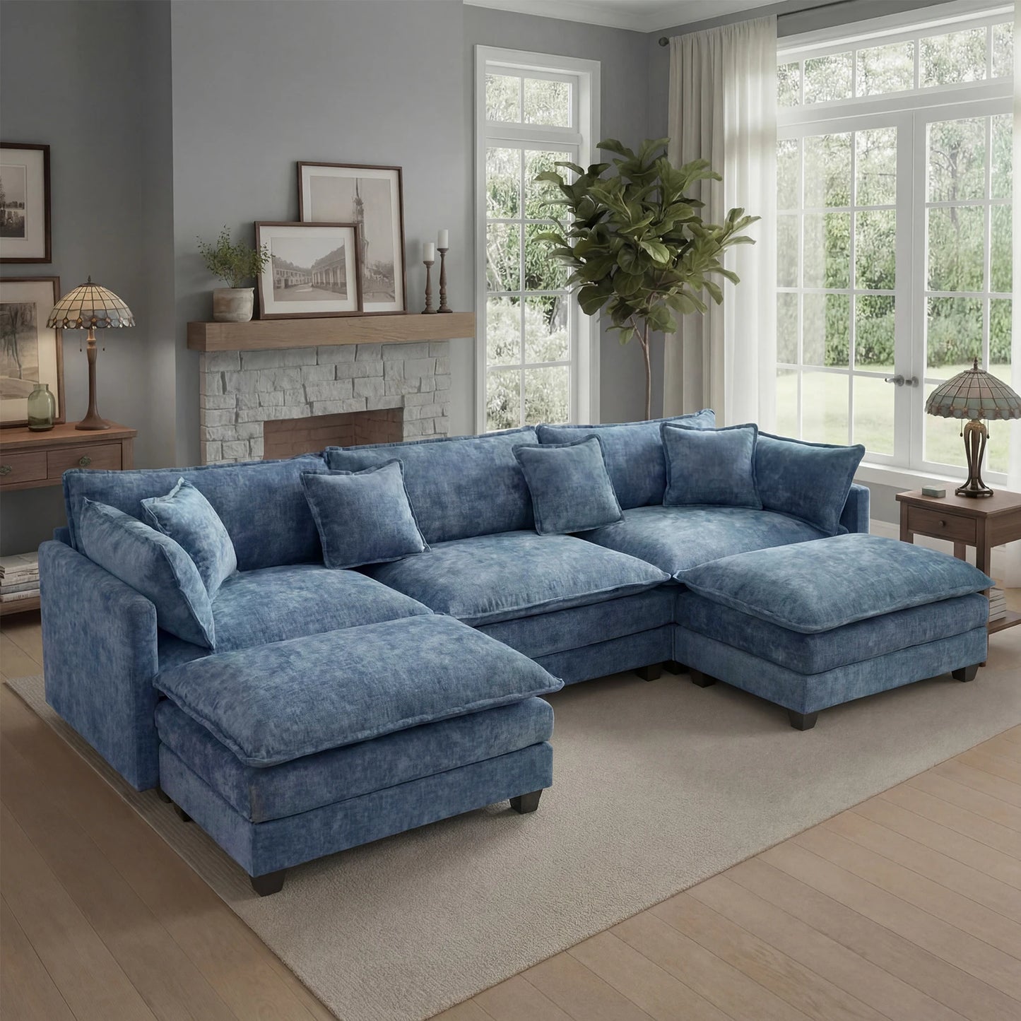 Modular Sectional Sofa with Ottoman, Solid Wood Frame