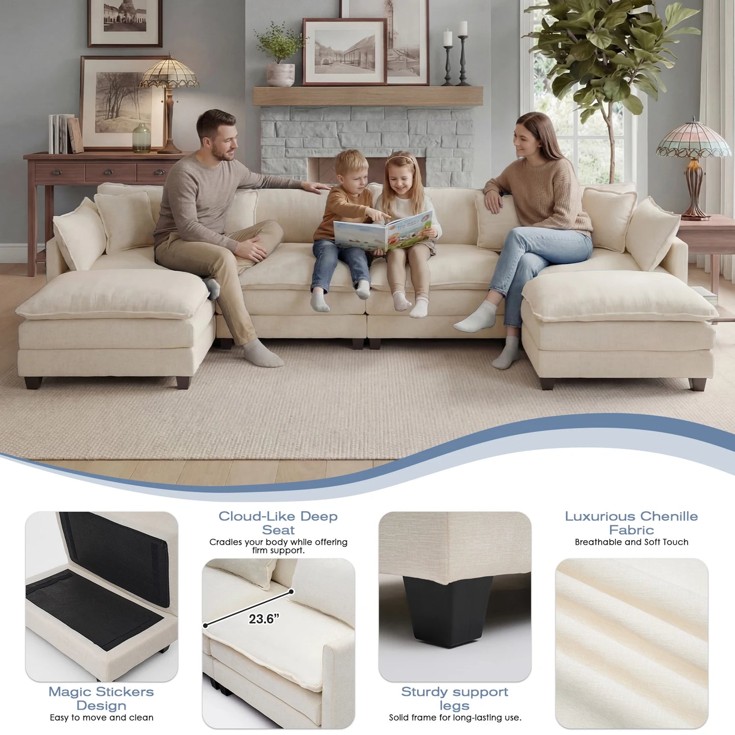 Modular Sectional Sofa with Ottoman, Solid Wood Frame