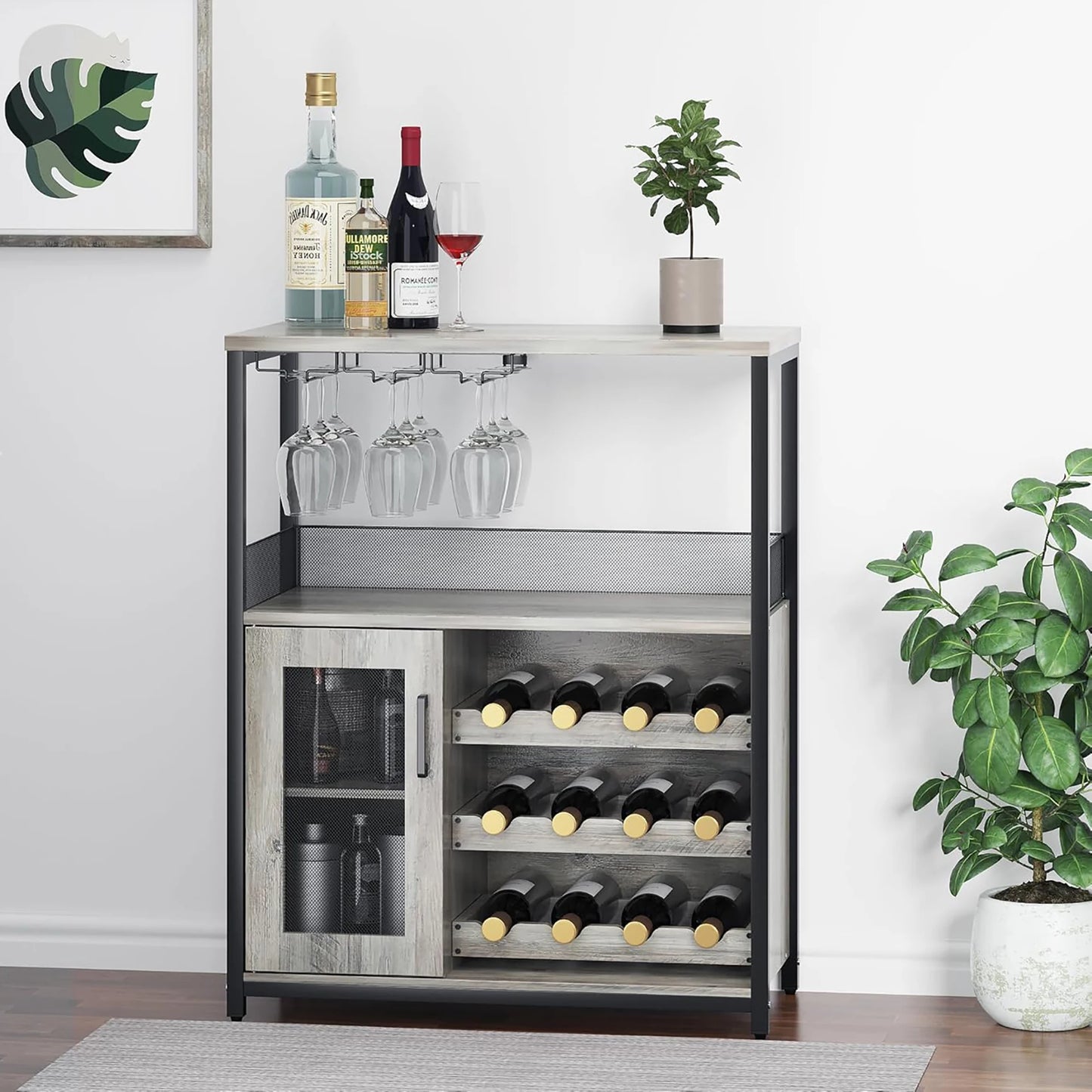 Wine Bar Cabinet With Adjustable Shelves & Glass Holders
