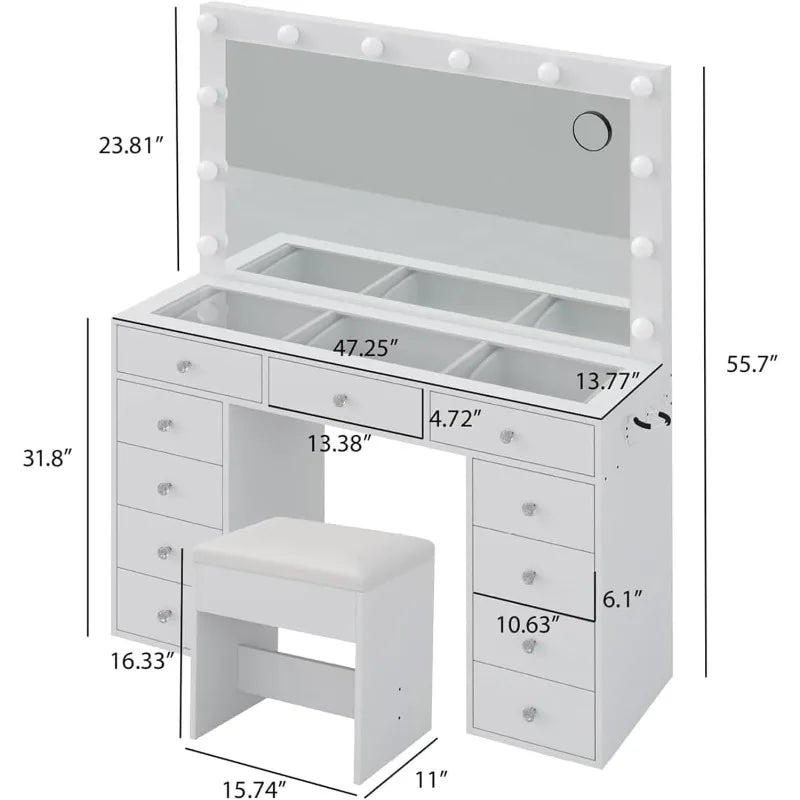Vanity Desk with Lights, 47 Inch Mirror, and Drawers