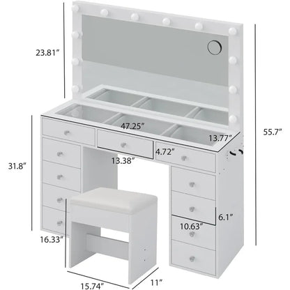 Vanity Desk with Lights, 47 Inch Mirror, and Drawers