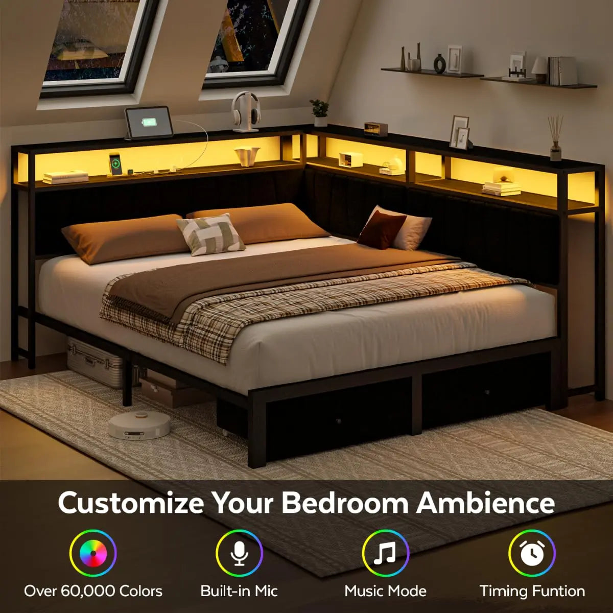 Queen Corner Bed Frame with Storage Drawers LED Lights USB Charging Station