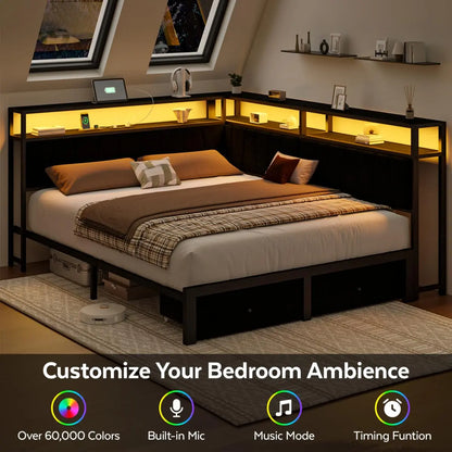 Queen Corner Bed Frame with Storage Drawers LED Lights USB Charging Station