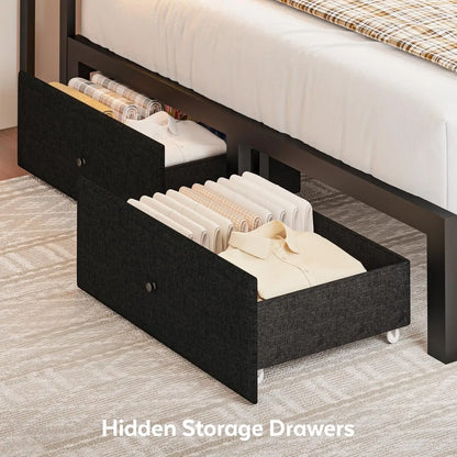 Queen Corner Bed Frame with Storage Drawers LED Lights USB Charging Station