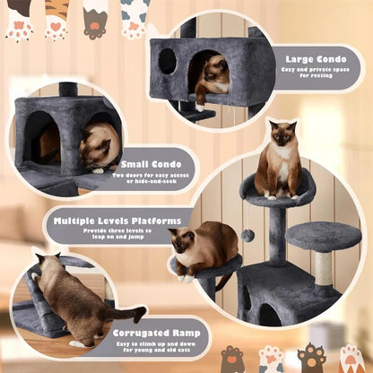 Cat Tree, Tower with Perch, Caves, Scratching Posts,Ladder, and Plush Balls
