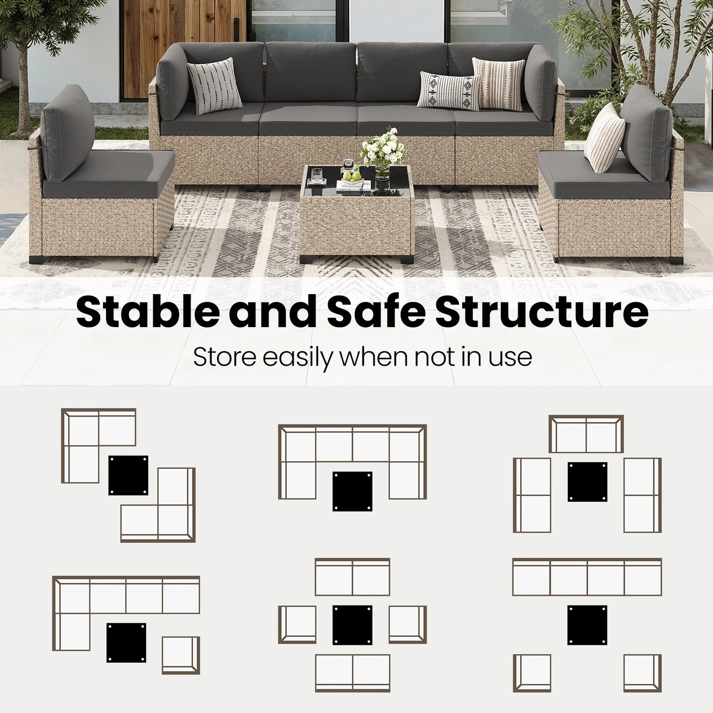 7-Piece Patio Furniture Set, Rattan Sectional Sofa with Glass Table,