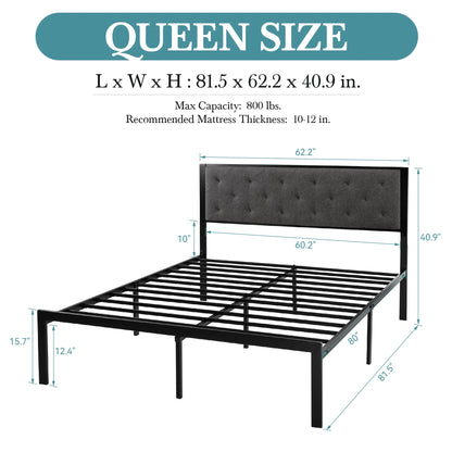 Bed Frame with Upholstered Headboard, No Box Spring Needed