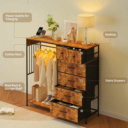 Chest of Drawers, 6 Drawers Hanging Rack Dresser w/LED Lights & Charging Station