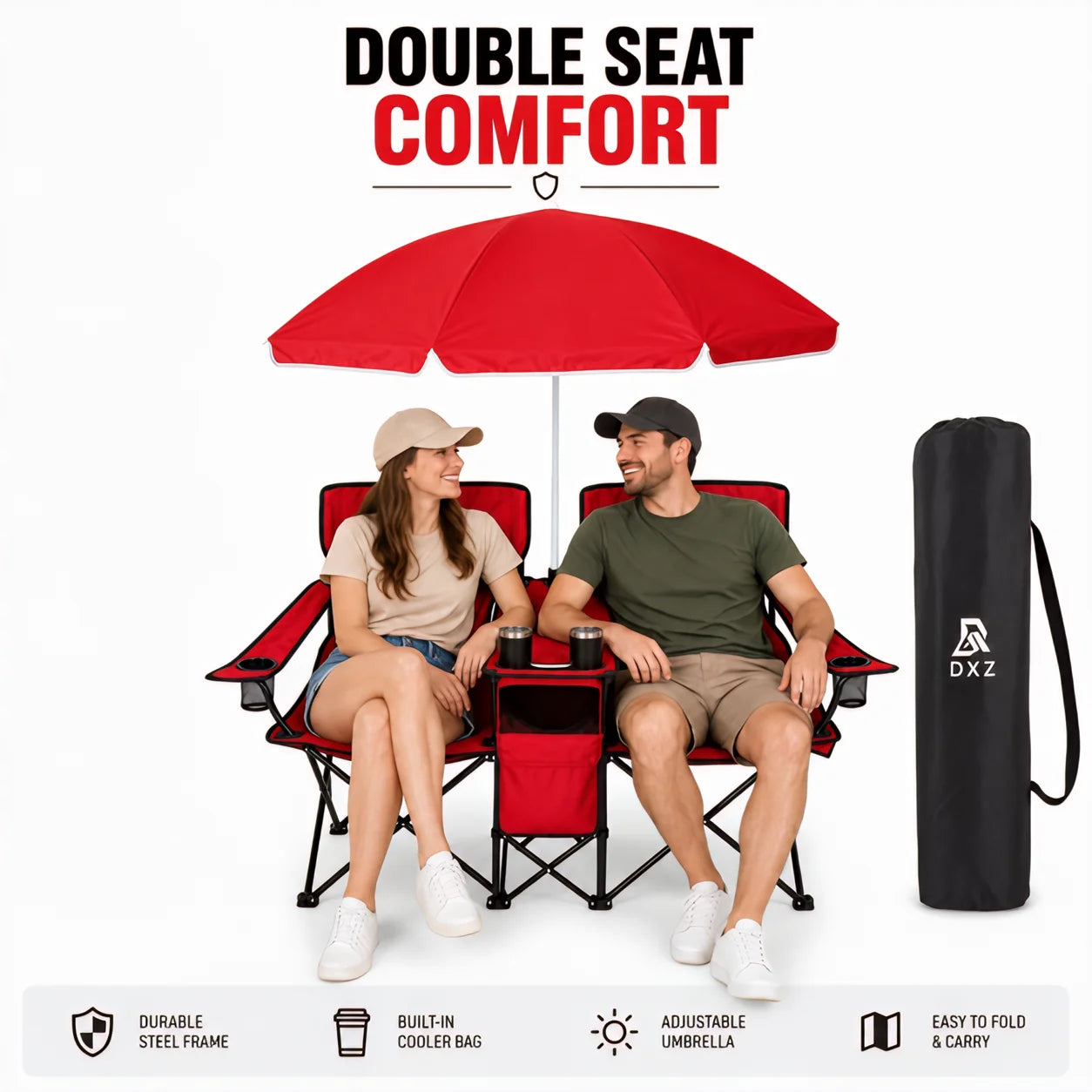 2-Seater  Folding Camping Chair with Built-in Umbrella