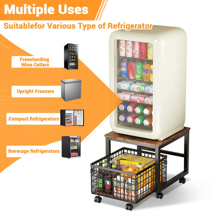 Mini Fridge Stand With Wheels & Storage Basket
