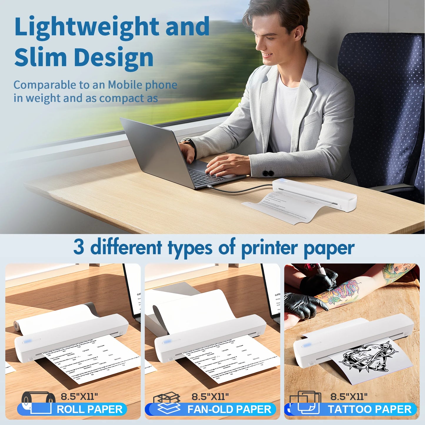 Portable Printer Wireless Inkless Thermal Printer, Bluetooth