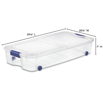 Underbed Wheeled Storage Bin, Clear Plastic with Latch Lid