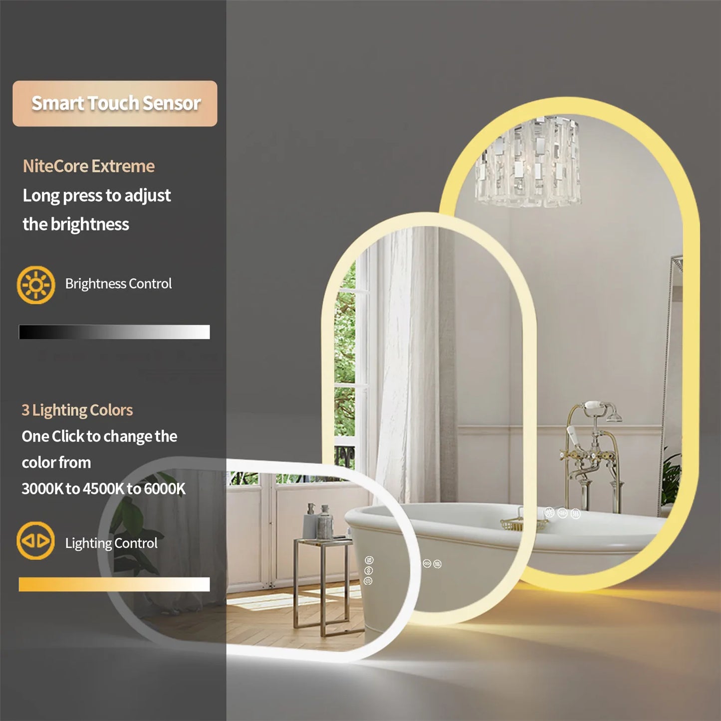 Bathroom Mirror: Oval, Dimmable, Anti-Fog