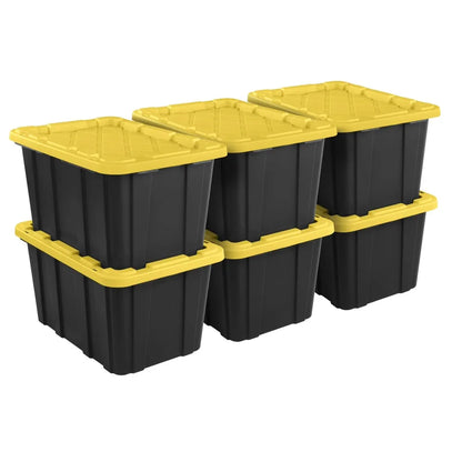 Plastic Storage Tote with Snap-On Lid, Black and Yellow, 6 Pack