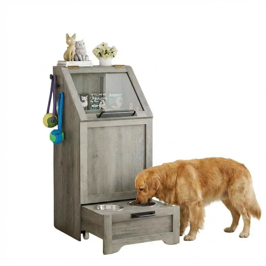 Dog Food Station with, Raised Bowls, Food Storage Cabinet
