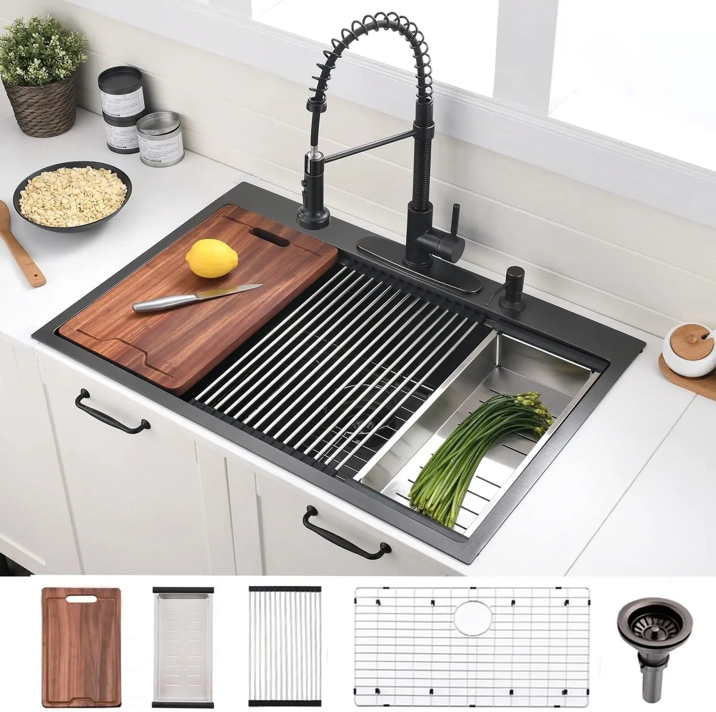 33-Inch Kitchen Sink with Cutting Board and Strainer, Stainless Steel