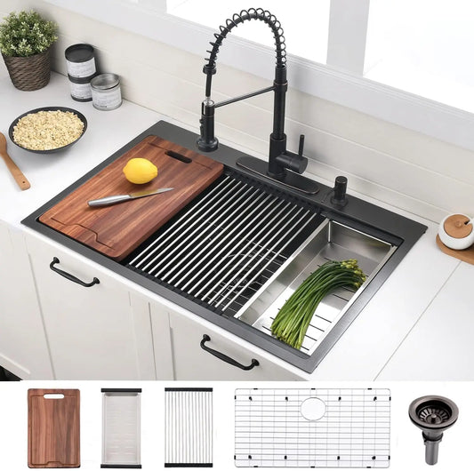33-Inch Kitchen Sink with Cutting Board and Strainer, Stainless Steel