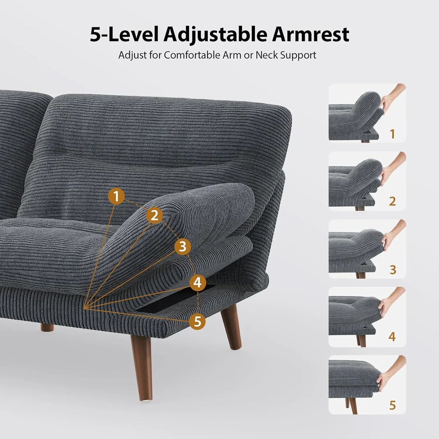 Futon Sofa Bed, 66 Inch Corduroy Futon Couch Convertible with Adjustable Backrest and Armrests, Recliner Sleeper, Customized
