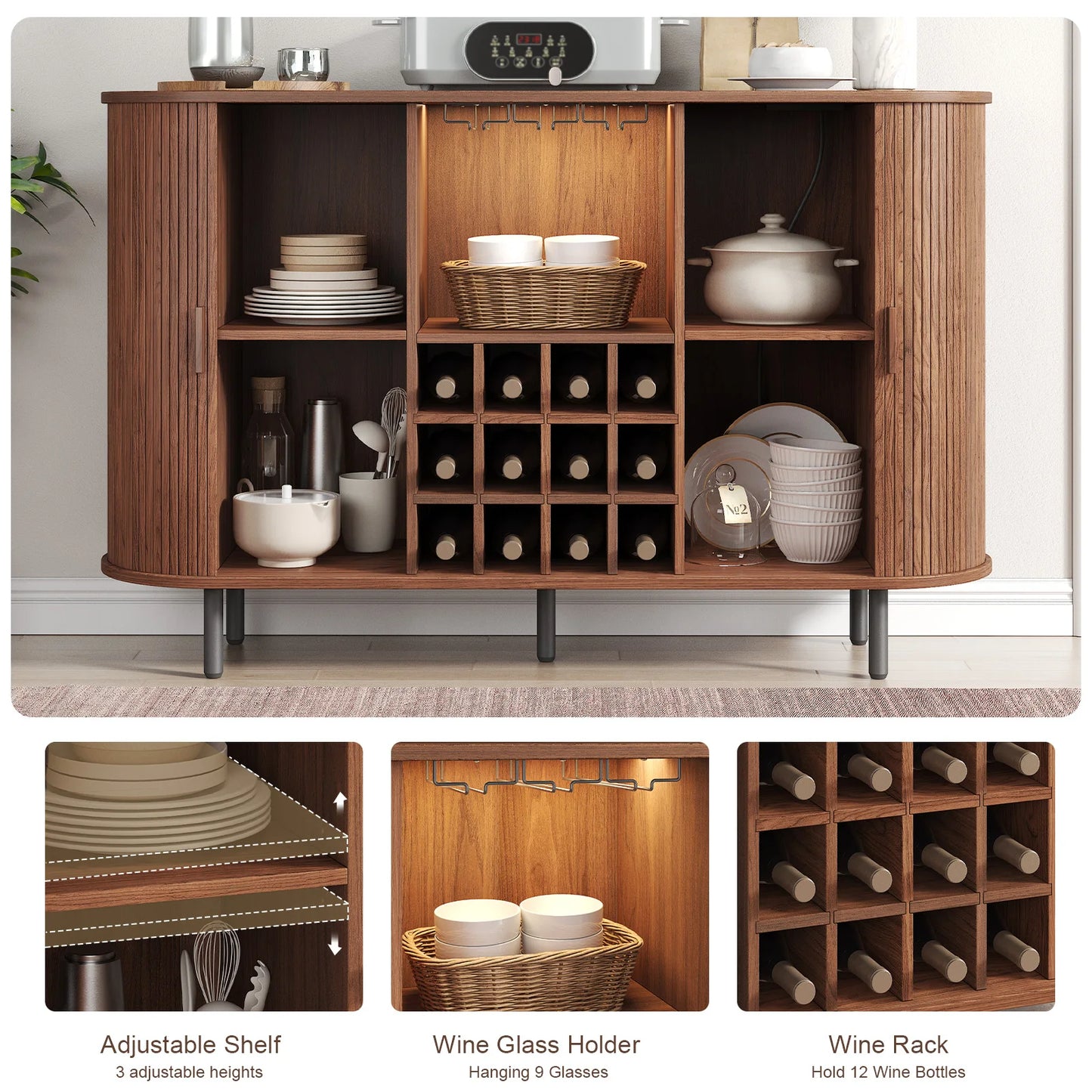 Wine Bar Cabinet w/ LED Light,  Wine Rack & Glass Holder